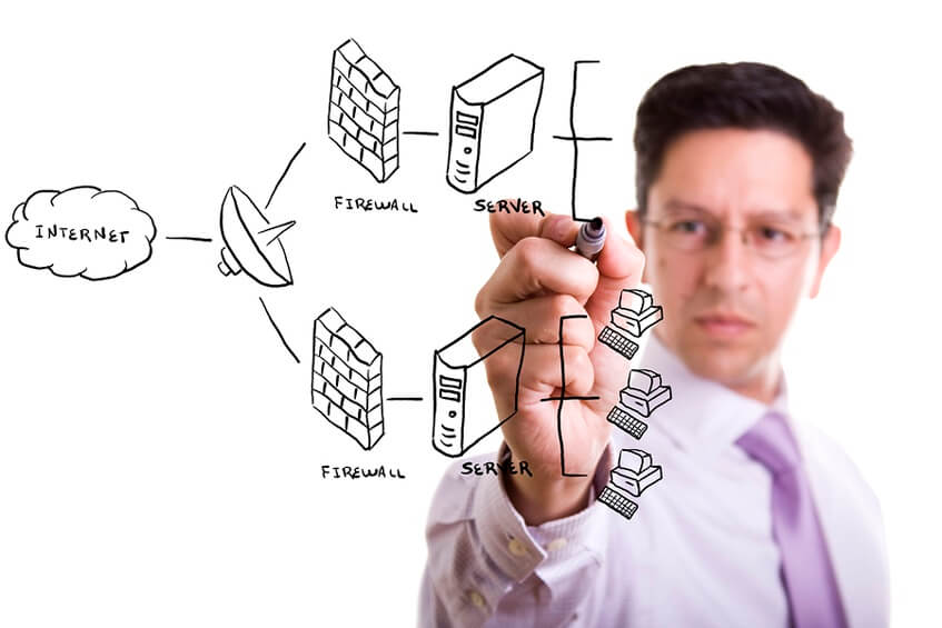 businessman drawing a security plan for a firewall system (selective focus)